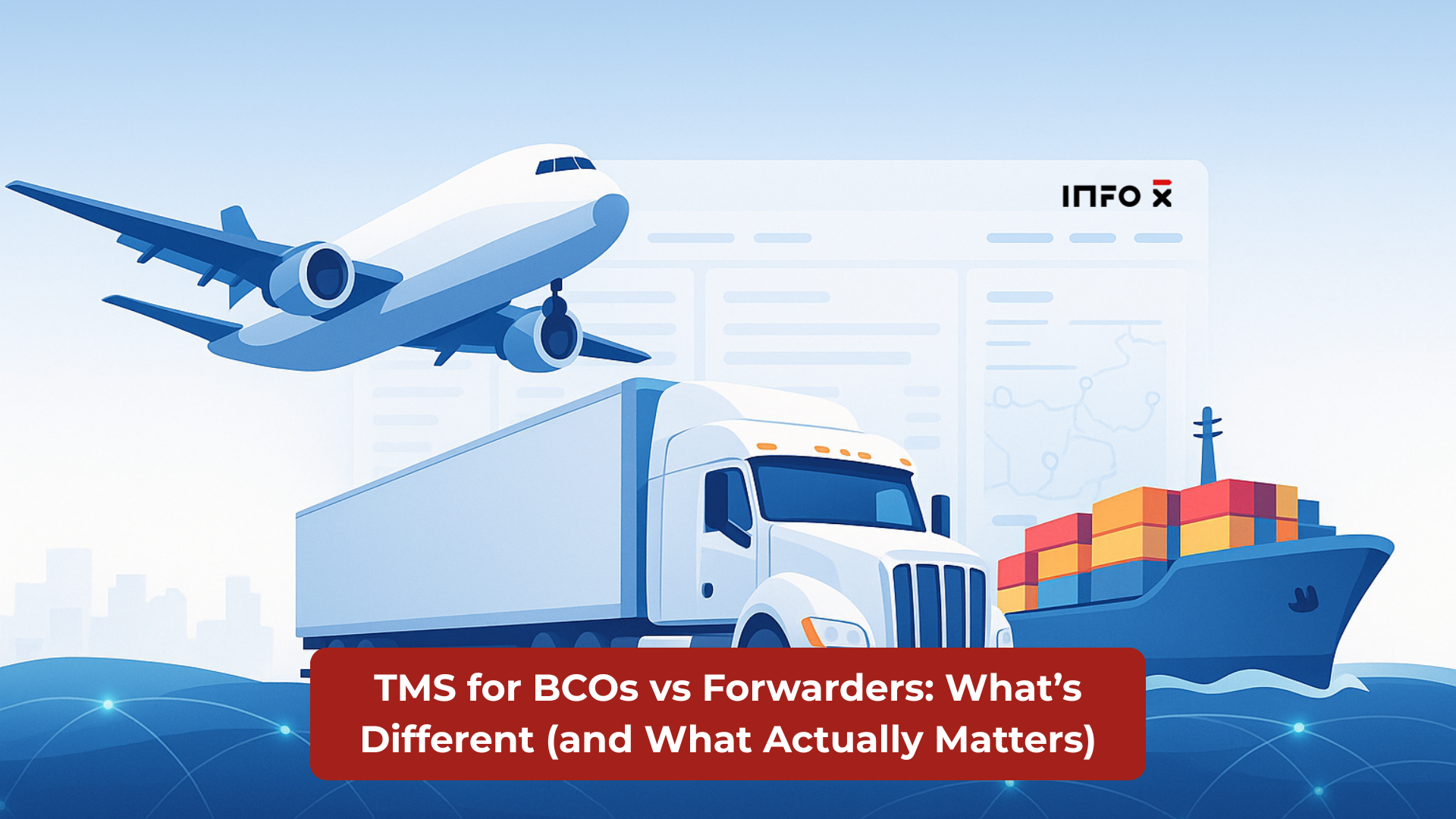 Illustrated logistics control tower showing BCO and forwarder teams collaborating inside a modern TMS workspace.