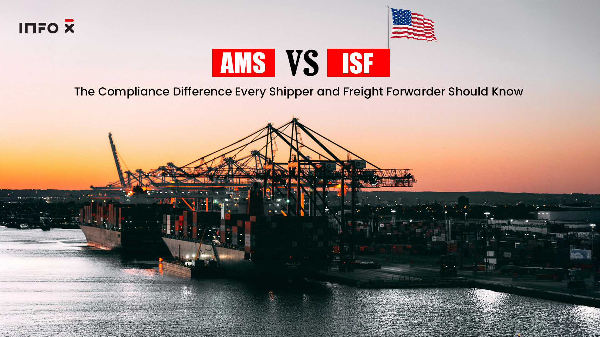 AMS vs ISF Filing – The Compliance Difference Every Shipper Should Know | Info-X Container terminal at sunset showing cargo vessels under loading cranes with text AMS vs ISF – illustrating the compliance difference in U.S. customs filings for shippers and freight forwarders.
