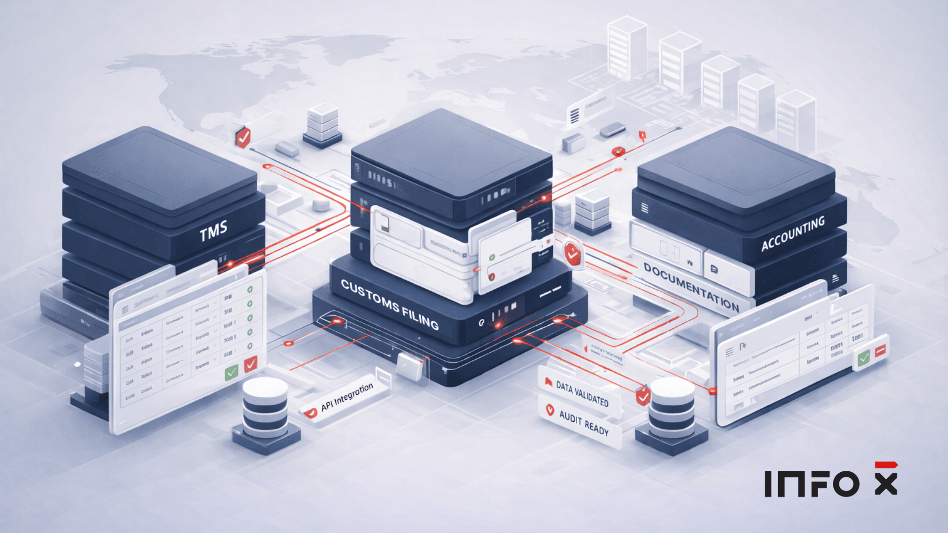 Integrated customs filing software connecting TMS shipment data with accounting values and compliance validation to reduce manual exports, corrections, and audit risk.