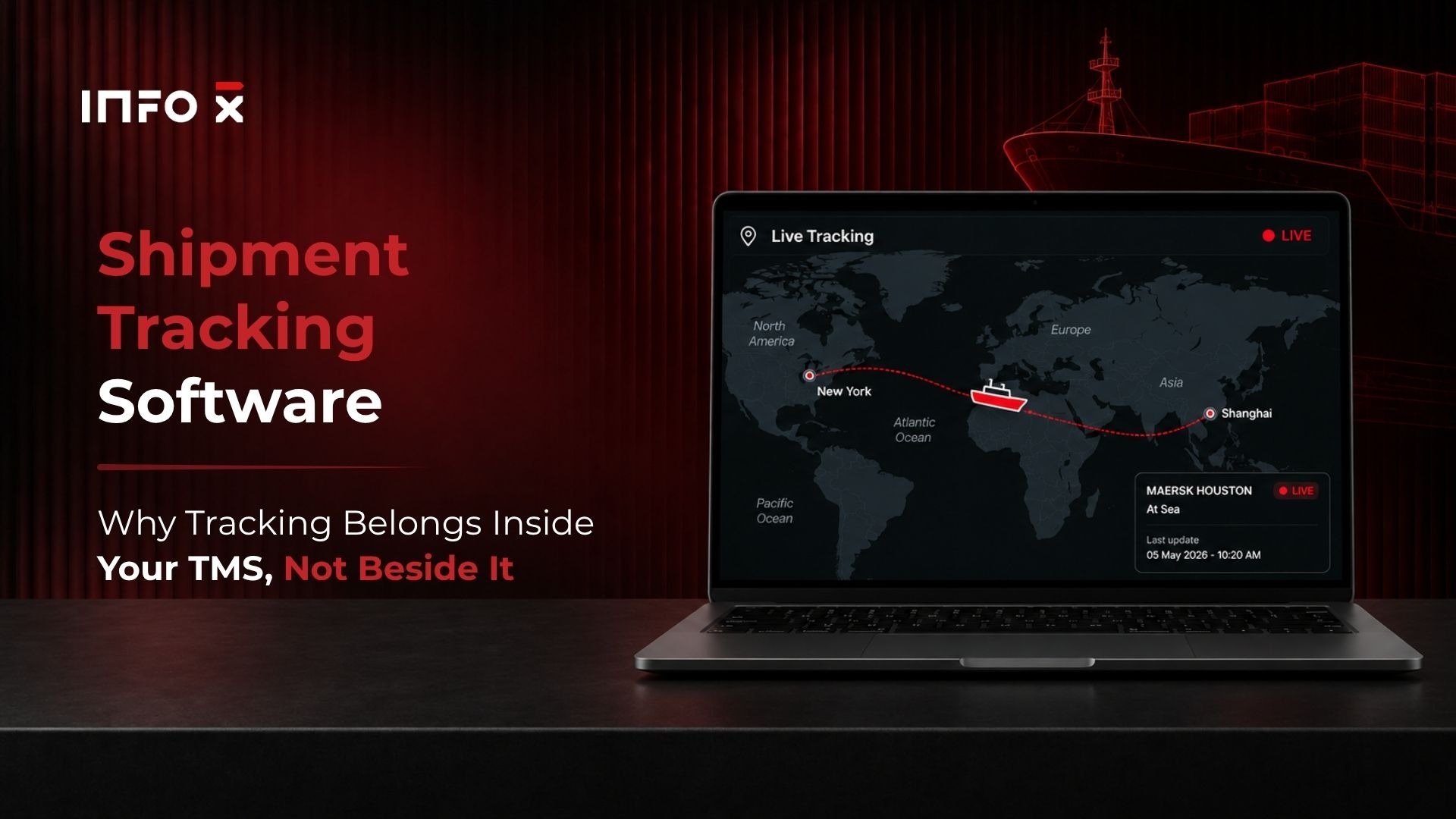 Shipment tracking software integrated with TMS, showing a live container event flowing into booking, documents, customs filing, and invoice on one shipment record - Info-X